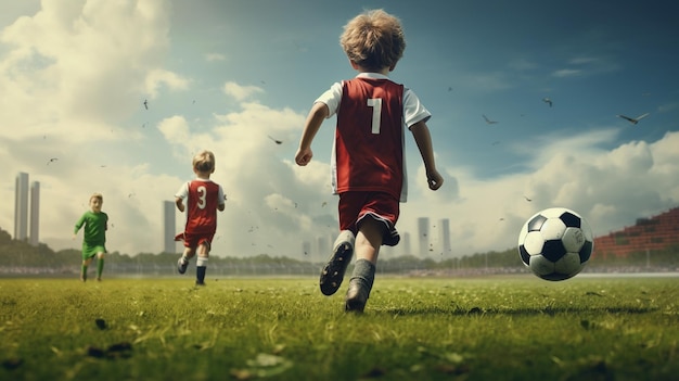 Niños jugando al fútbol en el campo.