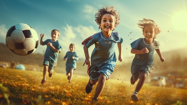 Niños jugando al fútbol en el campo.