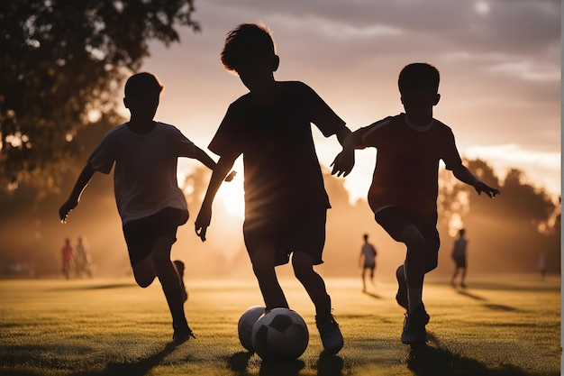 niños jugando al fútbol en el parque al atardecer