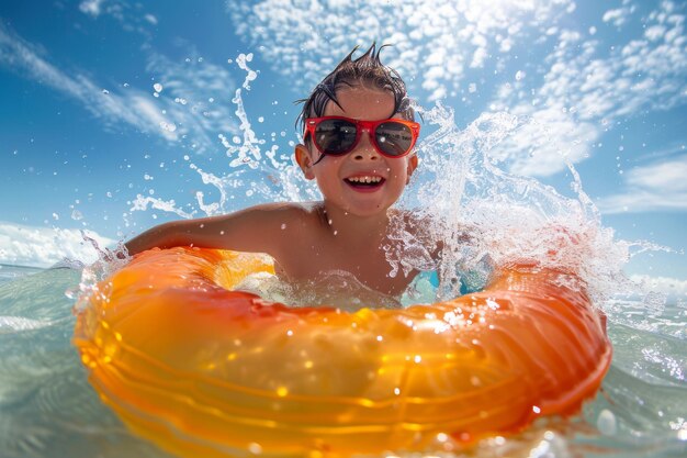 Foto niños jugando con un anillo de goma inflable en el mar durante las vacaciones de verano