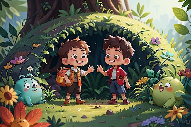 Niños jugando en el bosque Dibujos animados Bosque Niños Paraíso Fondo de pantalla Ilustración de fondo