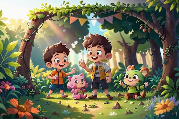 Niños jugando en el bosque Dibujos animados Bosque Niños Paraíso Fondo de pantalla Ilustración de fondo