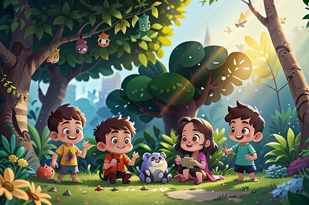 Niños jugando en el bosque Dibujos animados Bosque Niños Paraíso Fondo de pantalla Ilustración de fondo