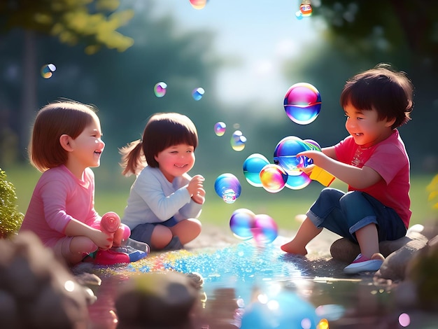 Niños jugando con burbujas en el parque