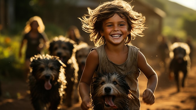 Niños jugando con cachorros de granja en un brasileño