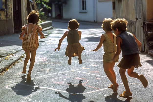 Niños jugando en la calle en los años sesenta y setenta Juegos dibujados con tiza en la carretera Juegos de vecindario