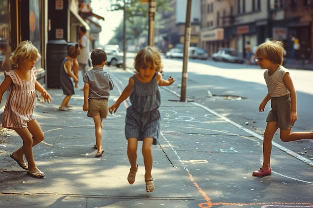 Foto niños jugando en la calle en los años sesenta y setenta juegos dibujados con tiza en la carretera