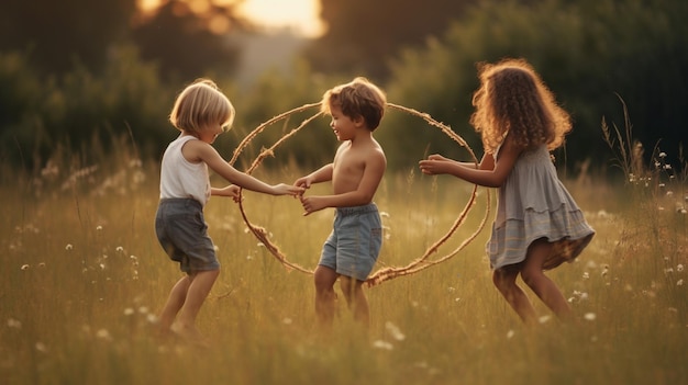 Niños jugando en un campo con un hula hoop