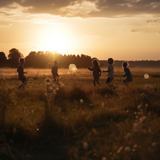 Foto niños jugando en un campo por la noche.