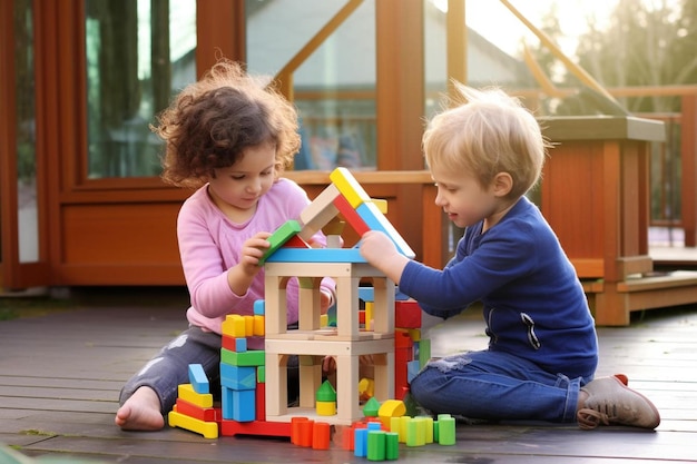 niños jugando con una casa de juguetes