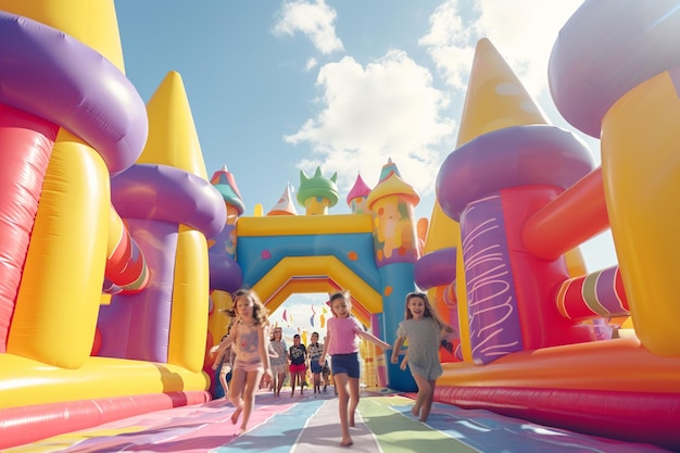 Niños jugando en un castillo inflable gigante en Generative ai