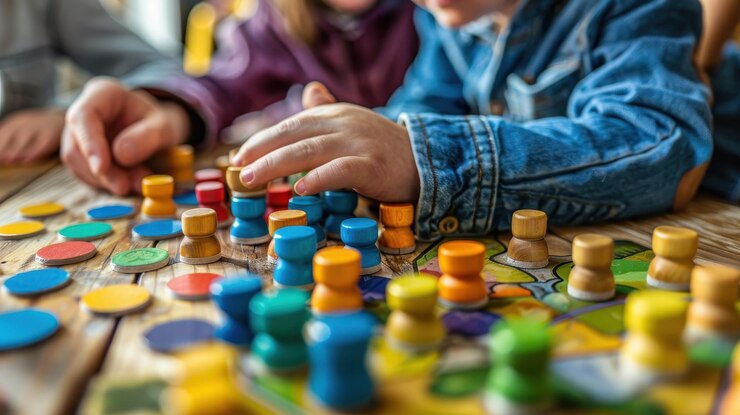 Niños jugando a un colorido juego de mesa centrado en la estrategia y divirtiéndose juntos