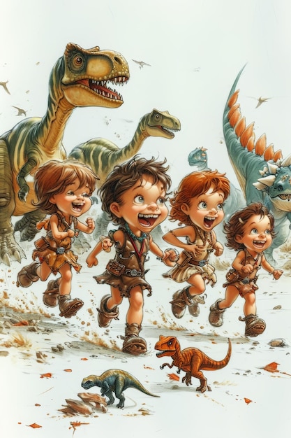 Niños jugando y corriendo con dinosaurios Ilustración