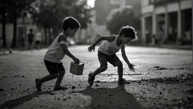 niños jugando dos niños están jugando en la calle con un cubo y un cubo
