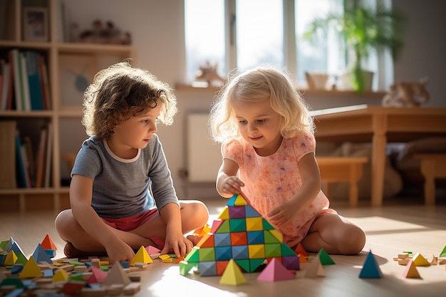 Niños jugando enérgicamente con bloques de madera.