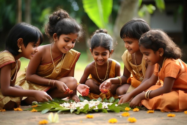 niños jugando con flores en un pueblo