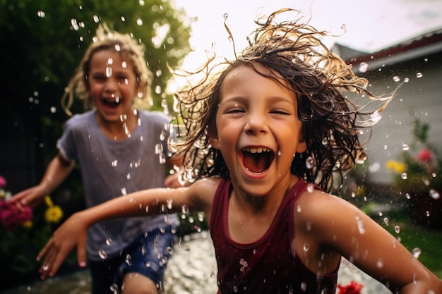 Foto niños jugando con globos de agua en un patio trasero