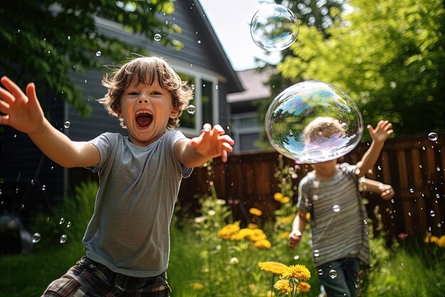 Niños jugando con globos de agua en un patio trasero