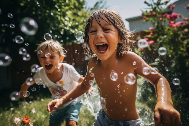 Niños jugando con globos de agua en un patio trasero