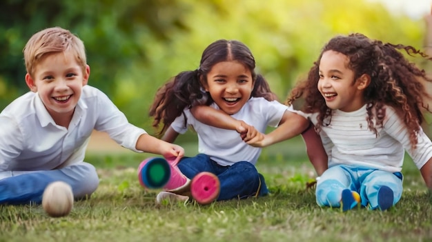 Foto niños jugando en la hierba con un coche de juguete