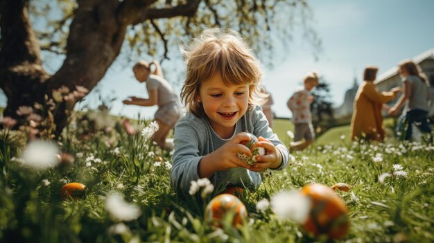 Niños jugando en la hierba en el parque en un día soleado de Pascua