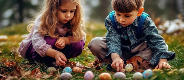 niños jugando con huevos de colores en el fondo de la hierba