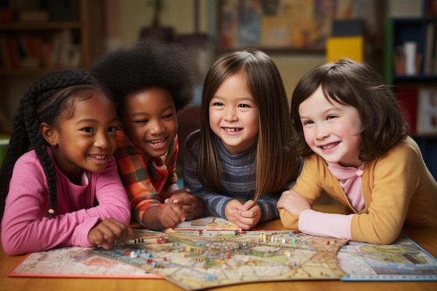 Niños jugando un juego de mesa en un salón de clases con una foto de ellos en la pared.