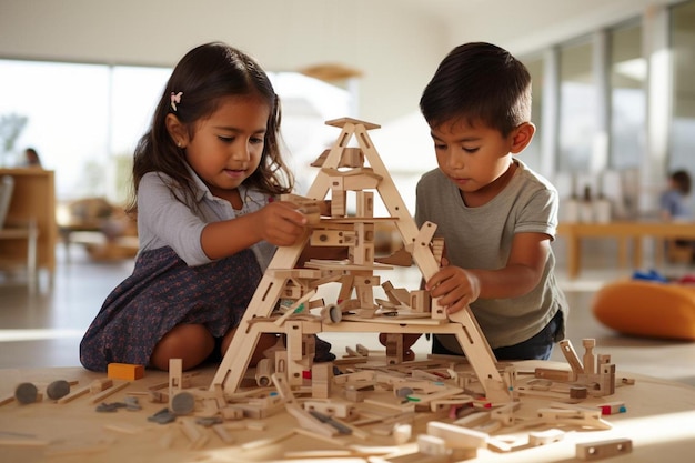 Niños jugando con un modelo de madera de una casa modelo.