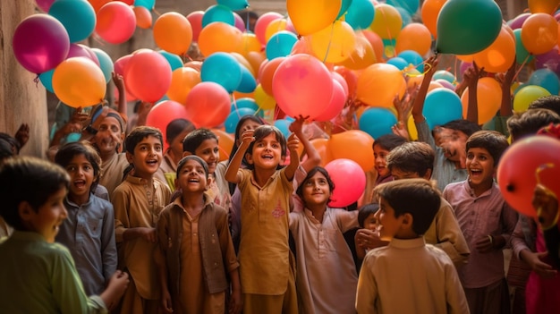 Niños jugando con un montón de globos.