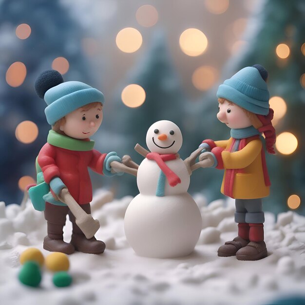 Foto niños jugando con muñeco de nieve concepto de navidad y año nuevo enfoque selectivo