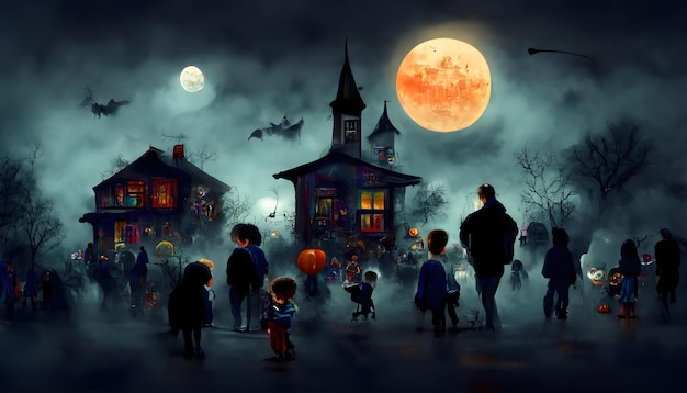 Niños jugando en la noche halloween calle imagen generada por red neuronal