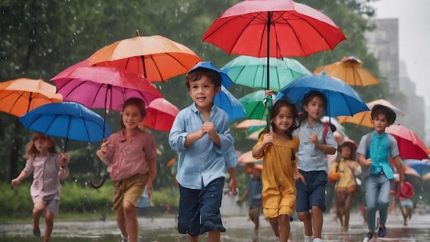 Niños jugando con paraguas.