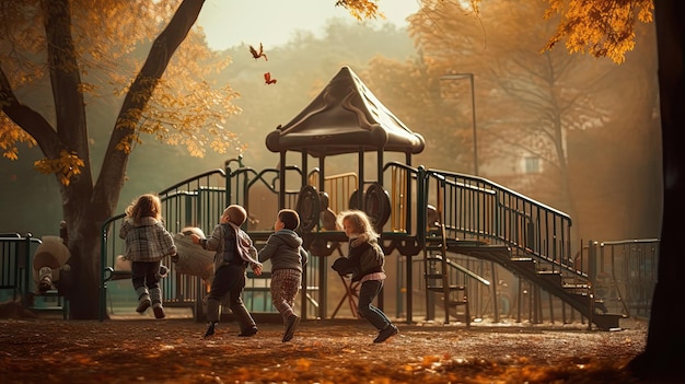 niños jugando en un parque infantil con tobogán y tobogán