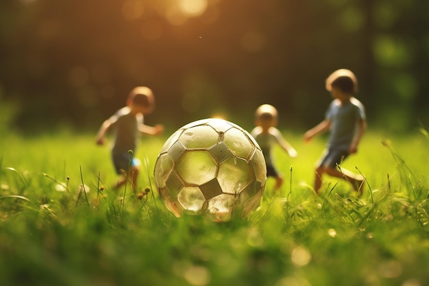 Niños jugando con una pelota de fútbol en un campo de hierba Juguetes del día del niño