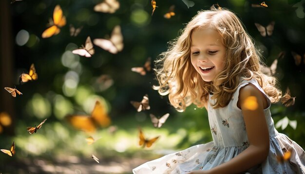 niños jugando y persiguiendo mariposas en un jardín