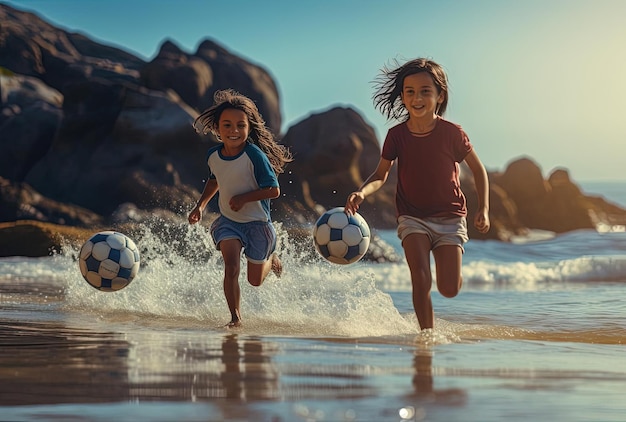 niños jugando en la playa con resolución de fútbol