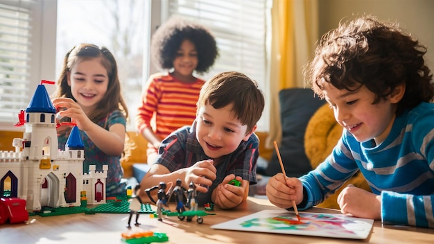 niños jugando con un rompecabezas y una figura de madera en la mesa