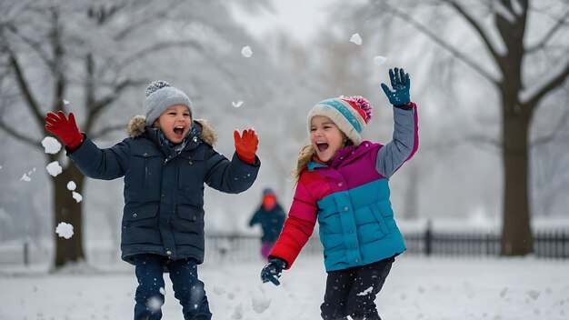 Niños juguetones divirtiéndose en el parque en un día nevado de invierno