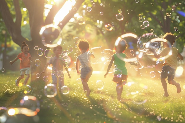 Niños juguetones persiguiendo burbujas en el parque