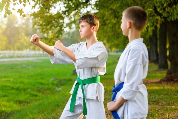 Niños en kimono blanco durante el entrenamiento de ejercicios de karate en verano al aire libre