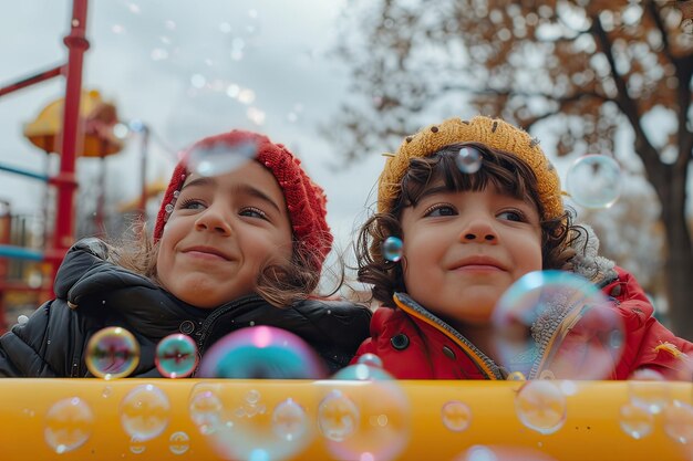 Niños latinos al aire libre en el parque rodeados de burbujas de jabón IA generativa