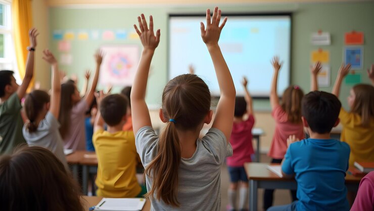 Niños levantando las manos en un aula