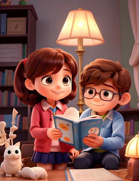 Niños leyendo felizmente libros de cuentos animación en 3D