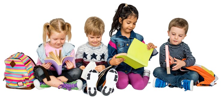 Niños leyendo un fondo transparente en png