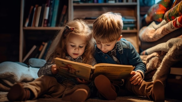Niños leyendo libros juntos sentados