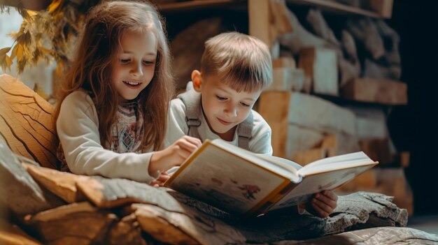 Niños leyendo libros juntos sentados