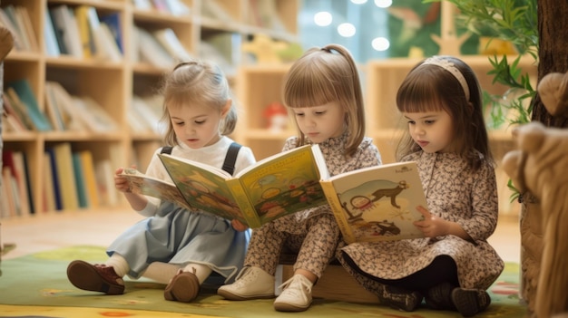 Niños leyendo libros juntos sentados