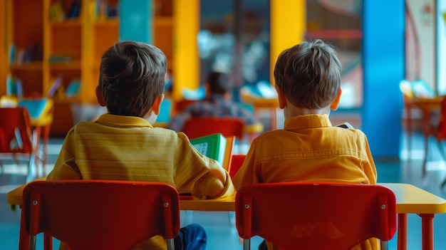 niños leyendo libros sentados en escritorios en el centro infantil