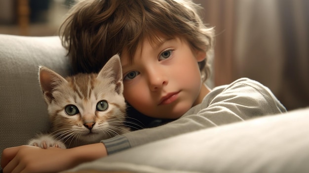 niños con linda IA generativa de gatos