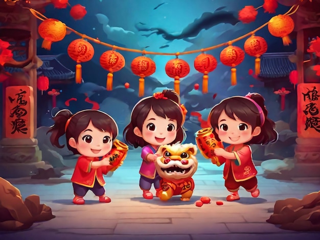 Niños lindos de CNY jugando a la danza del león y el dragón saliendo juntos con cosas tradicionales Fortune